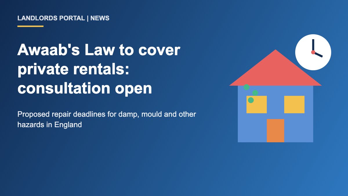 Illustration of a rented house with damp and mould and a clock, for Awaab's Law private rented sector consultation news