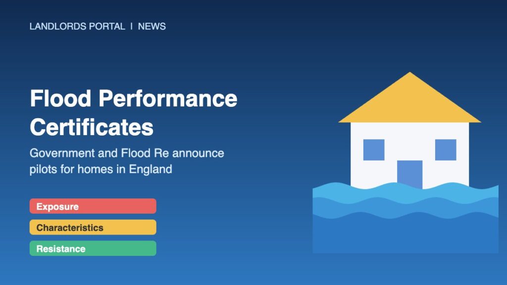 Illustration of a house with rising flood water beside a Flood Performance Rating showing exposure, characteristics and resistance