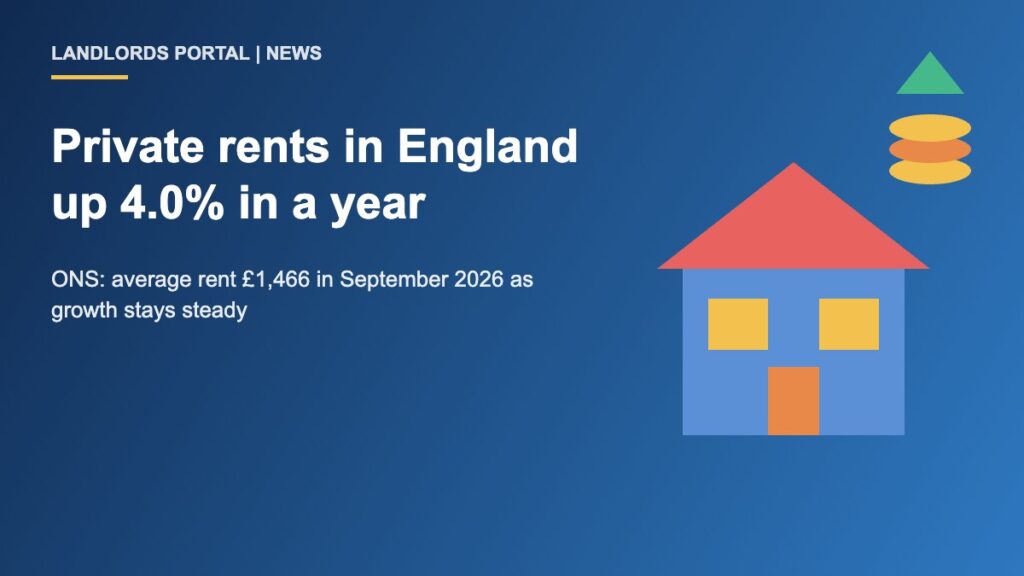 Illustration of a rental house with stacked coins and an upward arrow for ONS private rent figures, England, September 2026